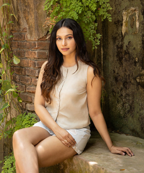 Beige Sleeveless Button Stand Linen Top